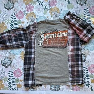 Upcycled flannel X tshirt “Master Baiter” fishing shirt - fits Men’s XL